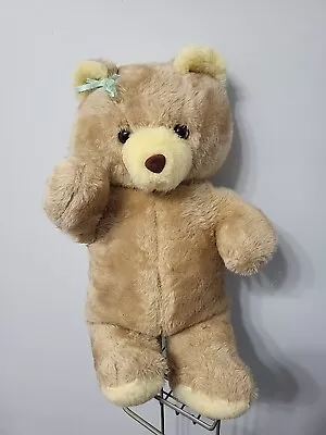 Vintage Teddy Bear With Green Bow 20  No Tags 80's With Brown Eyes • $15