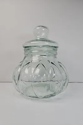 Vintage Art Glass Apothecary Jar Pumpkin Shaped Large Canister Ribbed & Lid • $33.33