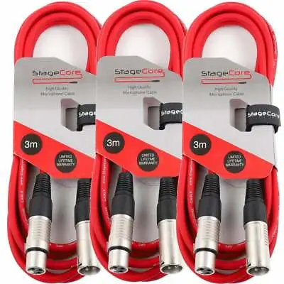 Stagecore 3 X 3M Red XLR Male To Female Microphone Lead Audio Signal Cable Pack • £14.95