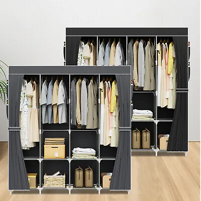 Large Canvas Wardrobe With 4 Hanging Rails & Shelving Clothes Storage Cupboard • £30.99