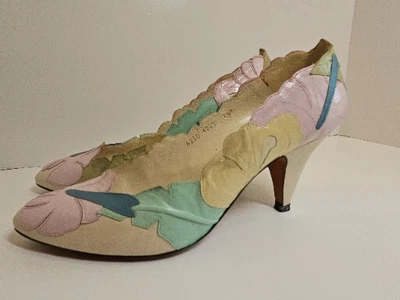$28.95 • Buy 1980's Paradox By Zalo Vintage Unique Heels FLORAL LEATHER PASTEL COLORS Sz 7.5B