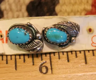 Vintage Turquoise Leaf Design Sterling Silver Post Earrings • $17