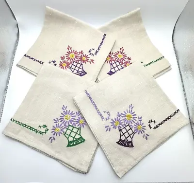 Vintage Hand Embroidered Linen Napkins Purple Green Yellow Pink Flowers 13x13  • $14.95
