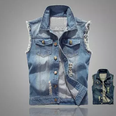 $24.38 • Buy Men's Denim Vest Ripped Jean Coat Causal Jacket Collar Sleeveless Shirt Biker*
