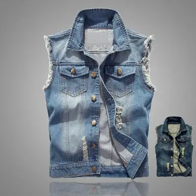 Men's Denim Vest Ripped Jean Coat Causal Jacket Collar Sleeveless Shirt Biker~ • $22.10