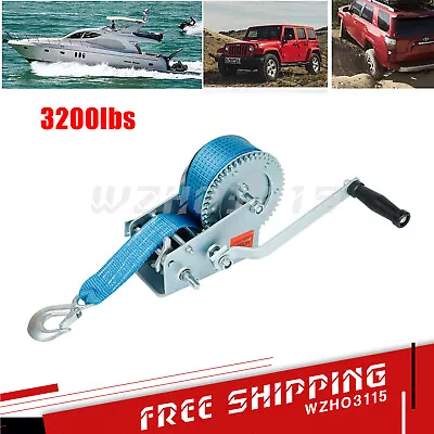 3200lbs Hand Winch Polyester Strap 2 Gear Crank Boat ATV Trailer RV Blue • $38.99