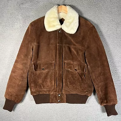 Vintage David Michael Suede Bomber Flight Jacket Sherpa Lined Brown Zip Mens 42 • $119.99