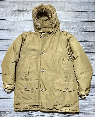 VINTAGE Woolrich Parka Men L/XL Beige Goose Down Coyote Fur Hooded Jacket Coat • $129.99