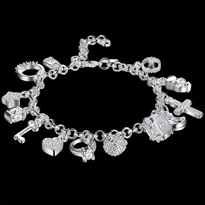 925 Sterling Silver Fine Zircon Heart Key Charm Bracelet For Woman Party Wedding • $2.47