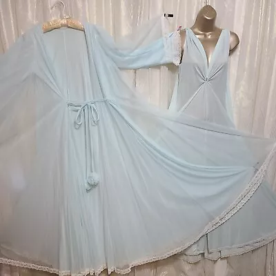 VTG 34 S M Peignoir Pom Pom LUCIE ANN Blue Keyhole Nightgown Lace Fancy TWIRLY  • $499.99