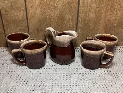 4 Vintage McCoy Mugs Creamer Pottery Brown Drip Glaze Coffee Cups USA Rare • $34