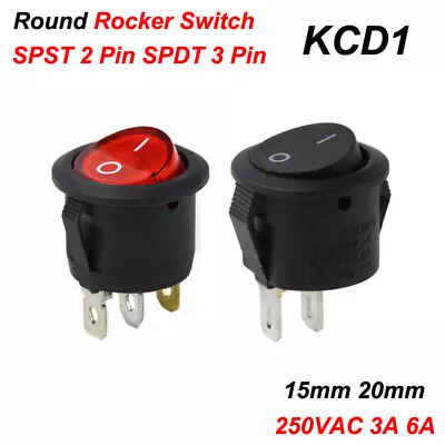 Round Rocker Switch 250V 3A 6A On/Off 2/3 Pin LED Light Red Black 15mm 20mm  • $1.68