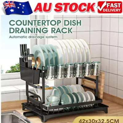 2 Tier Dish Drying Rack Plate Drainer Cutlery Holder Kitchen Organizer Storage • $36.99
