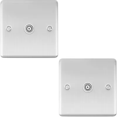 2 PACK SATIN STEEL Single Aerial Coaxial Socket Female Wall Plate White Trim • £20.99
