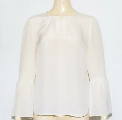 J.Crew Ivory 100% Silk Blouse Pleated Crew Neck Long Flutter Sleeve Size 4 • $15.98