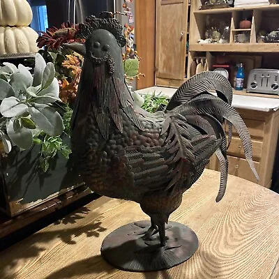 Metal Tin Rooster Farmhouse Art Distressed Decor Feathers Standing 16”L X 20”H • $19.99