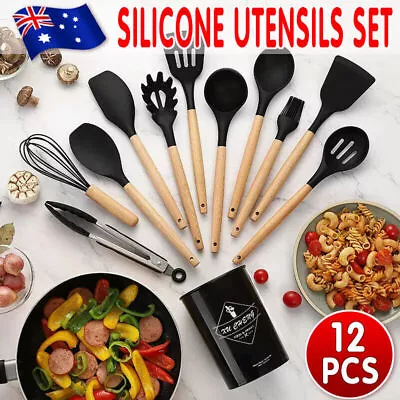 Set Of 12 Silicone Utensils Set Wooden Cooking Kitchen Baking Cookware AU  Stock • $22.68