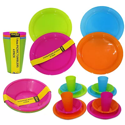 Plastic Plates Bowls Tumblers Set Of 12 Picnic Party Outdoor Colourful Durable • £6.99