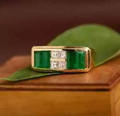 2Ct Baguette Simulated Emerald Men's Engagement Band Ring 14K Yellow Gold Plated • $99.99