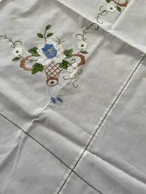 $18 • Buy Vintage Embroidered Applique Square TableCloth Handmade 42  Blue Floral