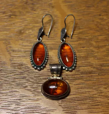 Vintage Sterling Silver With Oval Amber Stones Pendant And Earrings Set • $28