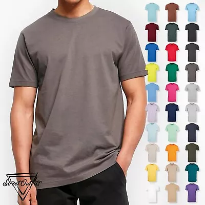 Mens Plain Crew Neck T-Shirt Classic Fine Cotton Jersey Top Relaxed Fit Tshirt • £7.83