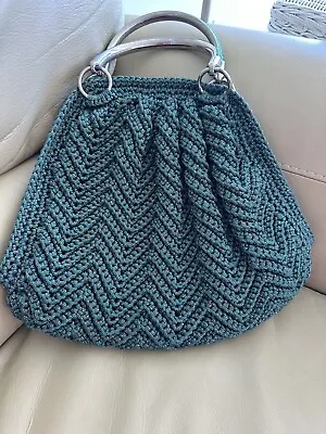 Vintage Crocheted Woven Macrame Handbag Purse Chrome Lucite Handle Boho Fun • $35