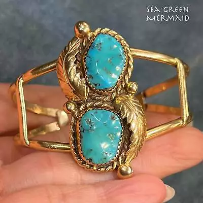 14k Gold Turquoise Feather Design Cuff Bracelet. 34g *Video* • $2999