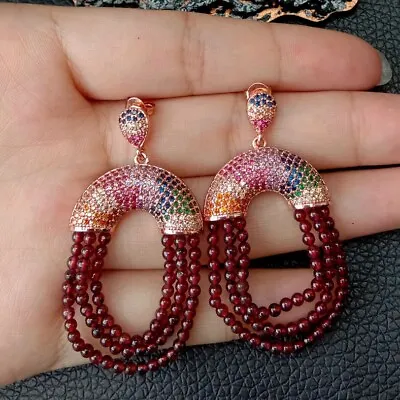 Gold Plated Colorful Cubic Zirconia Micro Pave Garnet Stud Earrings • $20.90