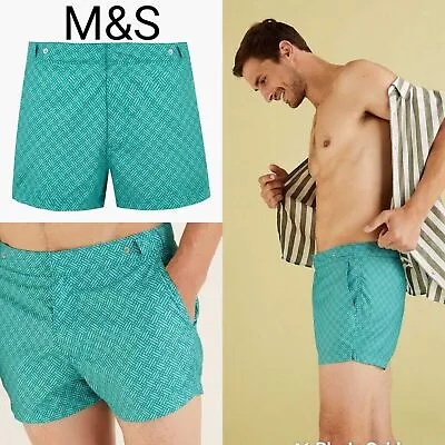 Marks And Spencer Men's Geometric Print Swim Shorts Teal Mix (Size W 32 34 38) • £9.99