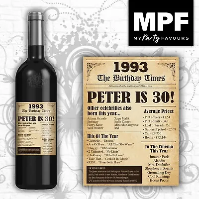 £3 • Buy Personalised 1993 30th Birthday Wine Gin Vodka Bottle Label - Newspaper