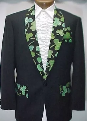 BLACK IRISH SHAMROCK PRINT VINTAGE PROM TUXEDO SMOKING JACKET Mens Sizes 34 - 42 • $174.95