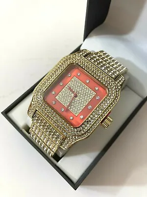 Techno Pave Men's Gold Plated Iced Micro Pave Metal Band Watches 7697-107 • $34.95