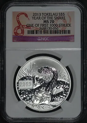 2013 Tokelau $5 Silver Year Of The Snake NGC MS-70 One Of First 1000 Struck • $79