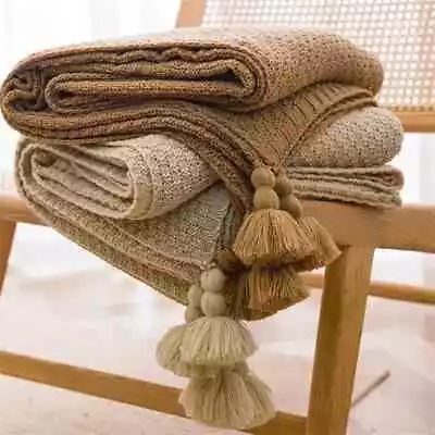 Blankets Bed Sofa Couch Chunky Knit Bedspread Knitted Throw Blanket With Tassel • $35.48