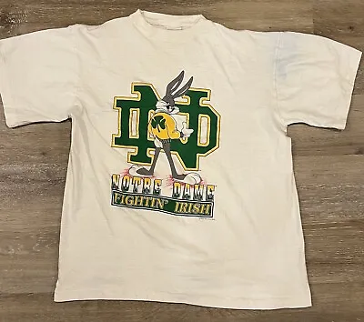 Vintage 90s Collegiate Pacific Notre Dame Letterman Bugs Bunny XL White T-Shirt • $25