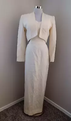 80s PATRICIA RHODES/I. MAGNIN IVORY MOIRE STRAPLESS FORMAL & BOLERO JACKET SET • $24.88