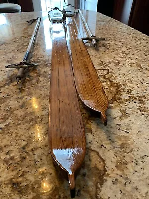 Antique Nipple Tip  Refinished Wooden Snow Skis 72  Tall & Leather Basket Poles • $224.95