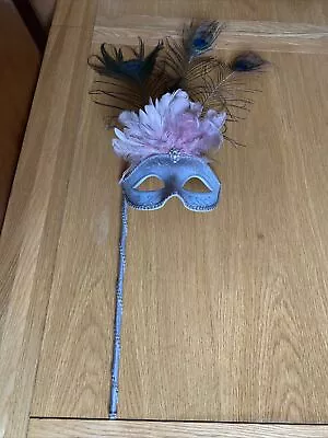 Venetian Masquerade Ball Mask On Stick Carnival With Plumage • £4.99