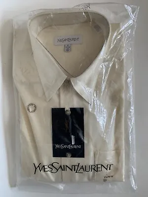 VINTAGE Men's YSL Yves Saint Laurent Beige Long Sleeve Shirt Sz 17 (34-35) XL • $74.95