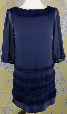 £12 • Buy Monsoon Dress Navy Blue Chiffon 3/4 Sleeve Above Knee Party Sheer Ruffle UK 8