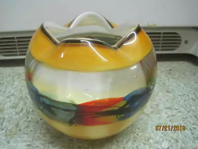 Vintage Art Viz Glass Bowl Oranges Yellows Reds Ruffled Rim • $49.99