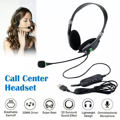 USB Wired Headset Headphones With Microphone Mic For Skype Call Centre PC Laptop • £8.99