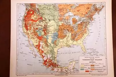 1897 Antique Meyers German Atlas Map-united States & Mexico-geological • $11