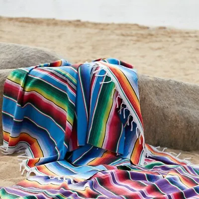 Mexican Blanket Sarape Serape Shawl Scarf Cloak Rug Rainbow Yoga Picnic Camping • £28.78