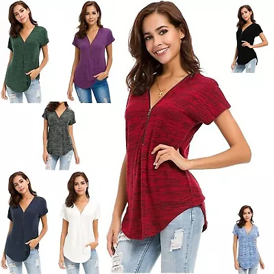 Women's Short Sleeve Zip Up V Neck Curve Hem Relaxed Fit Tunic Top T Shirt  • £7.99