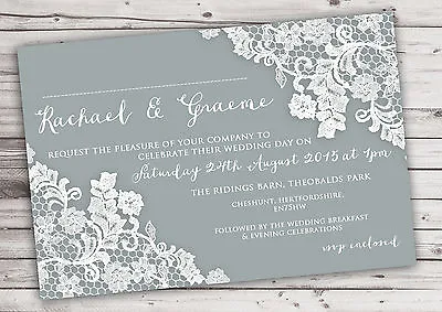 Personalised Rustic Grey Lace Wedding Invitations Packs Of 10 • £4.55