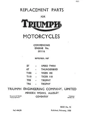 Triumph Parts Manual Book 1958 5T SPEED TWIN 6T THUNDERBIRD & T100 TIGER 100  • $18.50