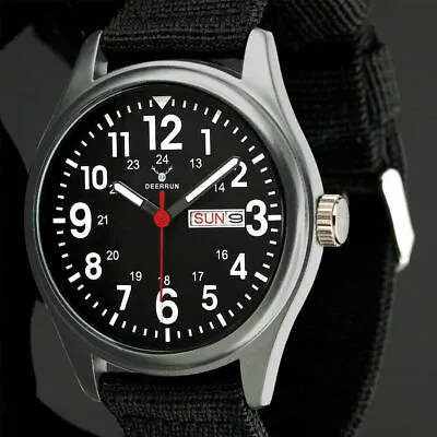 Military Mens Watch Quartz Black Stainless Steel Nylon Fabric Date Display Army • $13.99