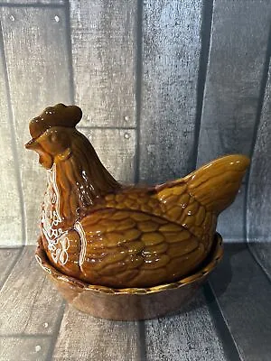 Vintage Brown Ceramic Hen Egg Storage Holder. Free Postage! • £18.99